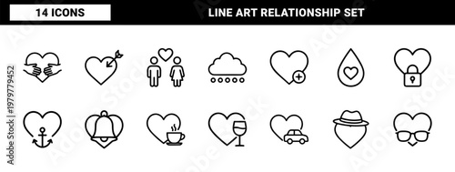Minimalist love and romance heart outline icon set