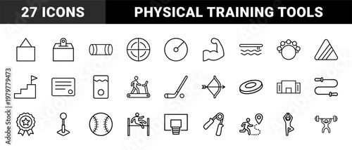 Minimalist sports and fitness line icons for gym and training