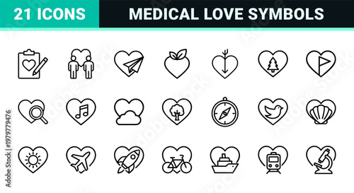 Heart health and love outline icon set for medical and lifestyle design