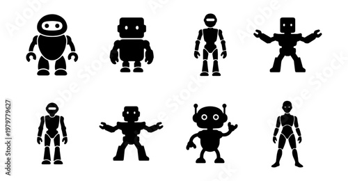 Minimalist robot icons set, black cyborg silhouettes, 8 futuristic android vector signs
