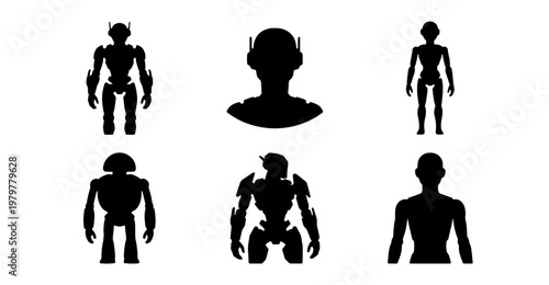 Futuristic robot silhouettes, 6 cyborg character icons, sci-fi android vector set