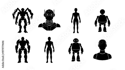 Futuristic robot silhouettes, 8 cyborg character icons, black android vector set