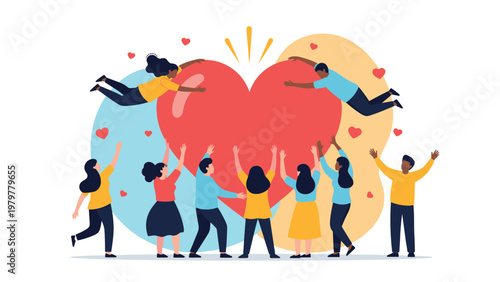 Group of people floating and standing around a giant red heart symbol representing universal love and community care.