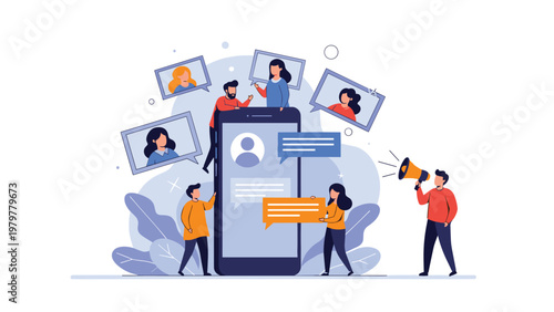 Mobile communication concept with people interacting with candidate profiles and chat bubbles around a large smartphone.
