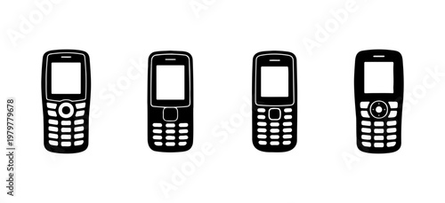 Retro mobile phone icons, vintage keypad cellphone set, 4 classic telephone vectors