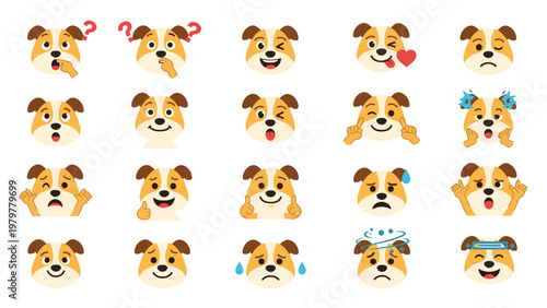 Set of cute dog head emojis showing various facial expressions and emotions like happy, sad, angry, and surprised.
