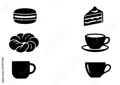 Minimalist coffee and bakery icons, 6 black vector symbols, cafe menu dessert graphics