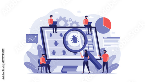 Software development team performs bug testing and quality assurance on a computer screen using a magnifying glass to find system errors.
