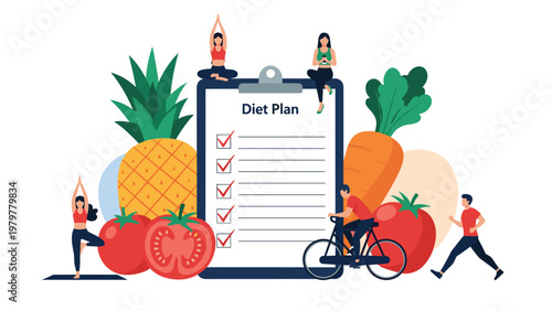 Healthy lifestyle diet plan shows people exercising with fresh fruit and vegetables around a large checklist for tracking nutritional goals.