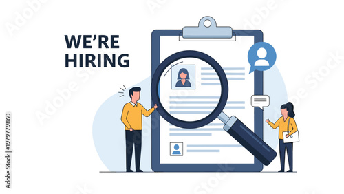 Recruitment team searches for candidates using a magnifying glass over a resume on a clipboard for a we are hiring business job vacancy concept.