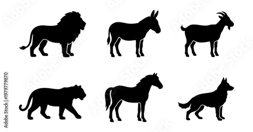 Black animal silhouettes set, 6 vector icons of wild and domestic animals, fauna shapes