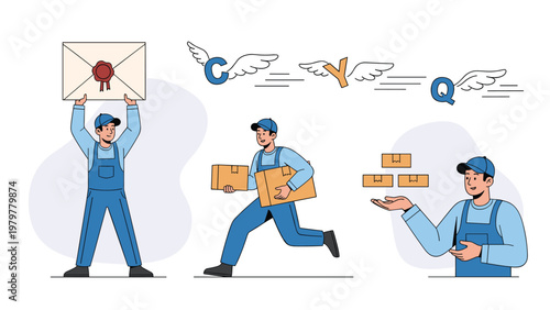 Professional delivery team in blue uniforms handles packages and mail with flying letters representing fast shipping and logistics services.