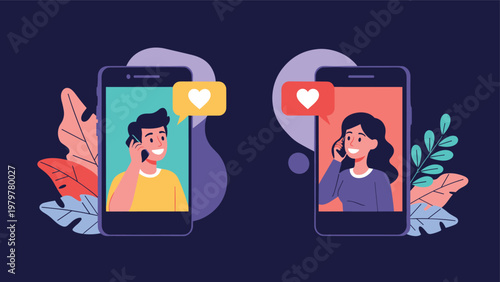 Couple participating in a romantic video call on their mobile phones with heart bubbles for a modern online dating and long distance concept.