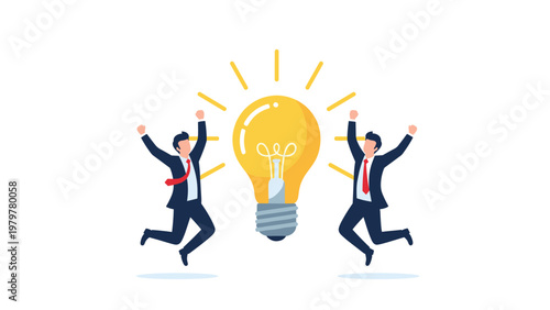 Two cheerful businessmen jumping with joy next to a giant glowing light bulb representing successful innovation and shared creative ideas.
