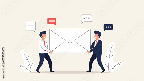 Two businessmen carrying a large white envelope with chat bubbles representing business communication mail and professional correspondence.