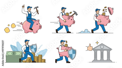 Financial security set shows a worker character with a piggy bank and coins representing personal savings and reliable banking services.