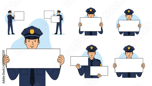 Collection of police officer characters in uniform holding various blank white signs for custom messages and law enforcement announcements.