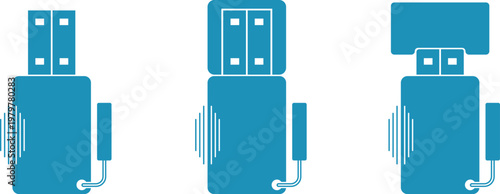 USB flash drive for laptop and computer, USB flash drive without cover, USB flash drive in laptop socket. Vector icons