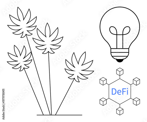 DeFi concept. DeFi with blockchain structures and cannabis leaves innovation. DeFi with lightbulb and cubes for various purposes including tech, finance, and startups. Renewable energy, innovation