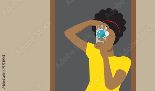 Black woman taking selfie using mirror reflection