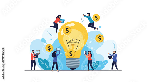 Creative group of people putting gold dollar coins into a large glowing light bulb to represent funding for new business ideas and startups.