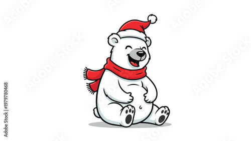 Happy polar bear character wearing a red Santa Claus hat and a warm winter scarf sitting and laughing on a white background.