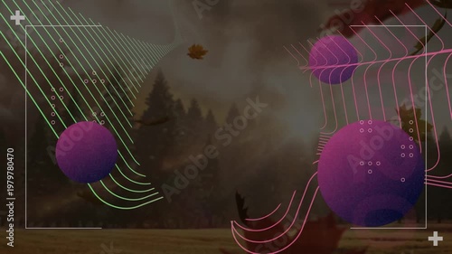Animation of shapes and spheres over fall landscape