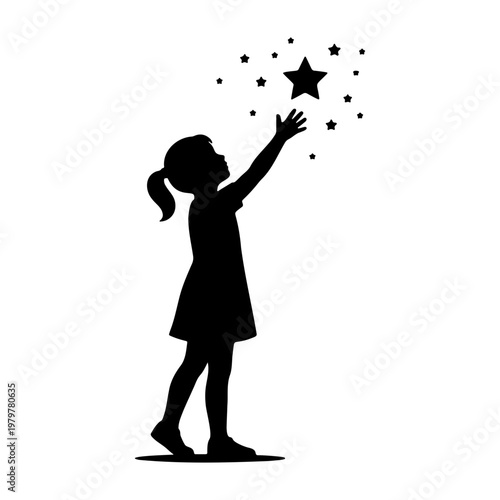Little girl reaching for stars silhouette, child dreaming of success, vector icon art