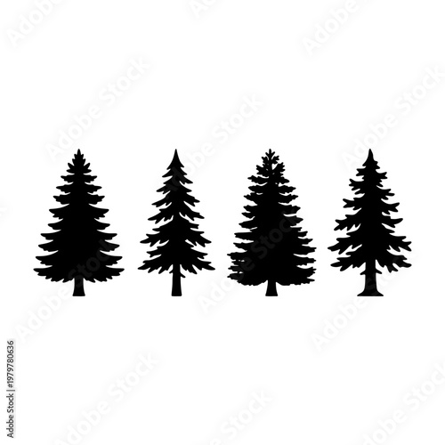 Pine tree silhouette vector set, 4 evergreen conifer icons, black forest fir elements