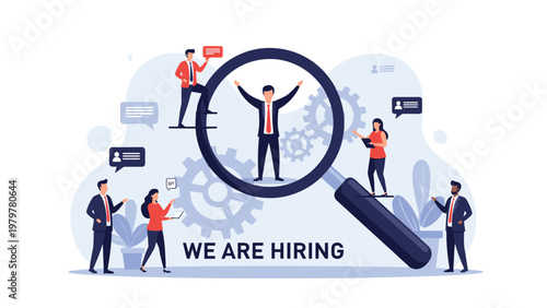 Human resources recruitment concept with a large magnifying glass focusing on a candidate among a group of diverse job seekers.