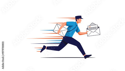 Energetic mail carrier character running at high speed to deliver letters and envelopes representing fast and reliable postal service.