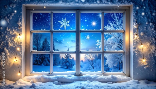 Snow-covered window looking out onto a serene, winter wonderland. Soft light strings glow