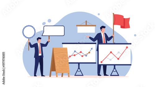 Professional business characters presenting data charts and growth analysis on boards with speech bubbles and flags for reporting.