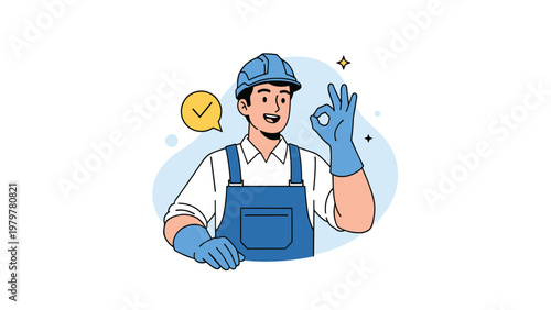 Friendly technician or plumber character in blue overalls and a hard hat making an okay hand gesture against a light blue background.