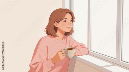 Woman holding coffee by window