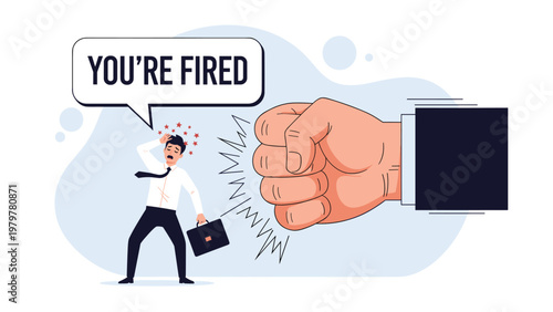 Conceptual illustration of a businessman being fired by a giant fist representing unemployment and job loss in a difficult economy.