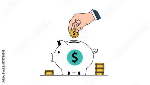 Close-up illustration of a human hand putting a gold coin into a white piggy bank with a dollar sign to represent money saving.