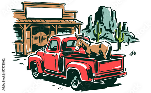 Wild West adventure. Retro desert road trip graphic art. Vintage truck and mule illustration. Cowboy spirit. Classic western desert scene.