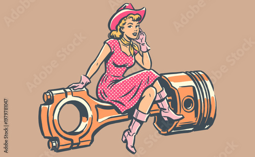Vintage Garage Pinup. Classic mechanic style artwork for t-shirt print, poster, sticker, and automotive hobbyist graphic design.