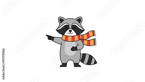 Cute cartoon raccoon character wearing a striped winter scarf and pointing to the side against a clean white background.
