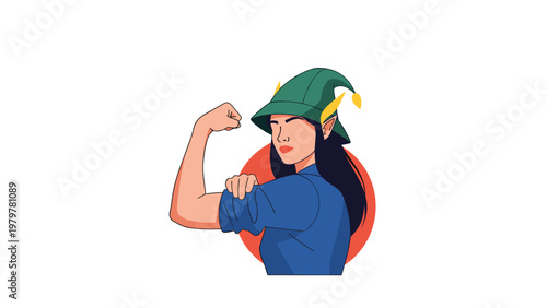 Strong female character in an elf hat flexing her arm in a classic power pose against a red circular background for female empowerment.