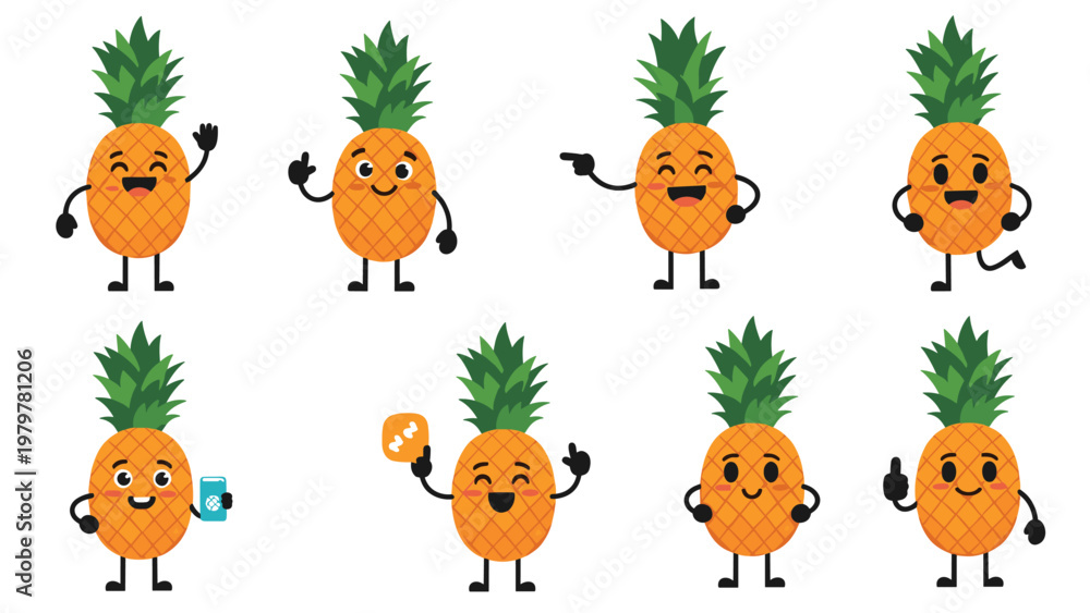 Fototapeta premium Collection of funny pineapple characters with different facial expressions and poses for fruit and summer themed designs.