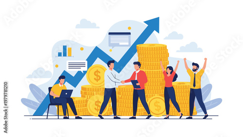 Successful business people celebrating and shaking hands in front of massive stacks of gold coins and an upward growth chart.