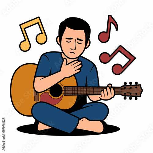 Sad Man Playing Acoustic Guitar with Music Notes