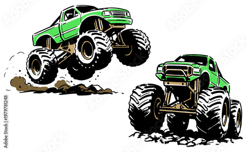 Unleash the power. Green monster truck jump. Extreme off-road racing graphic print. Poster, sticker, and apparel vector artwork.