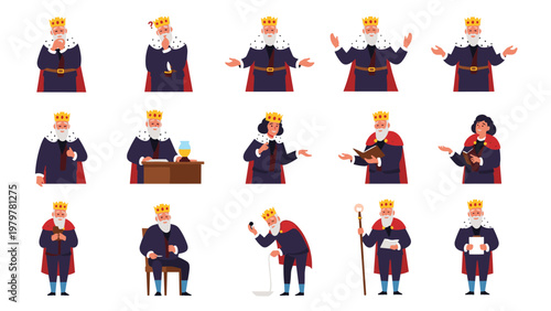 Elderly king character set showing various royal actions and poses including reading, sitting, thinking, and welcoming.