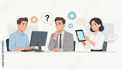 Three people in office work setting