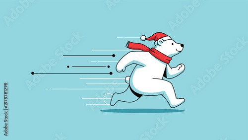 Fast polar bear mascot wearing a red Santa hat and festive winter scarf running quickly across a solid blue background.