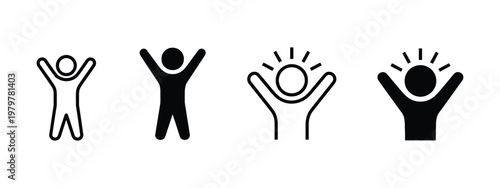 celebration human icon set, raised arms joyful figure symbol, happiness success and motivation concept, positive emotion and achievement UI pictogram, simple minimal vector design.