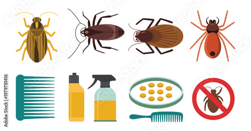 Parasites and pest control vector set with bedbug, louse, mite, dust mite eggs, comb, spray bottle, and no bug sign, clean illustration for hygiene awareness, sanitation, and extermination service des